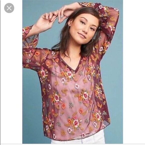Anthropologie Vintage Vibes Plum Sheer Mesh Tulle Embroidered Blouse Long Sleeve - Picture 1 of 12